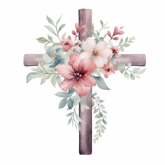 there is a cross with flowers on it and leaves on the cross generative ai