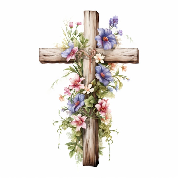 There is a cross with flowers on it and a vine generative ai