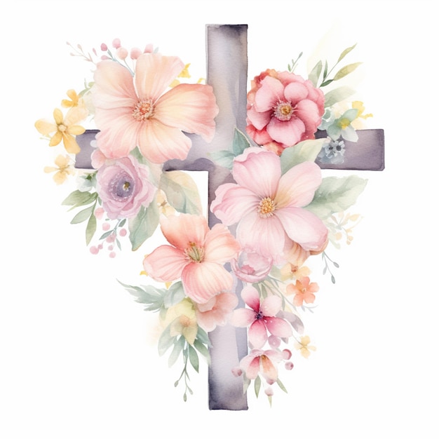there is a cross with flowers and leaves on it generative ai