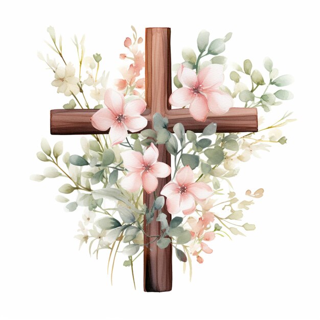 There is a cross with flowers and leaves on it generative ai