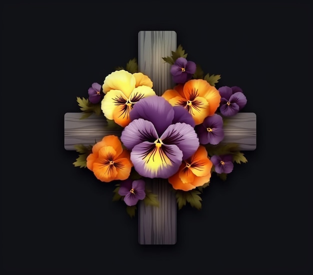Photo there is a cross with pansies on it and a wooden cross generative ai