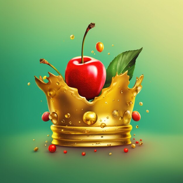 There is a crown with a red apple on it and a green background generative ai