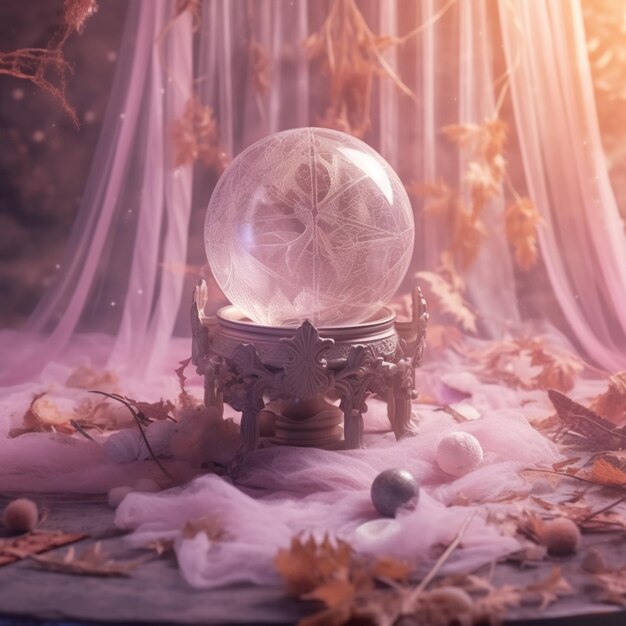 there is a crystal ball sitting on a table with leaves generative ai