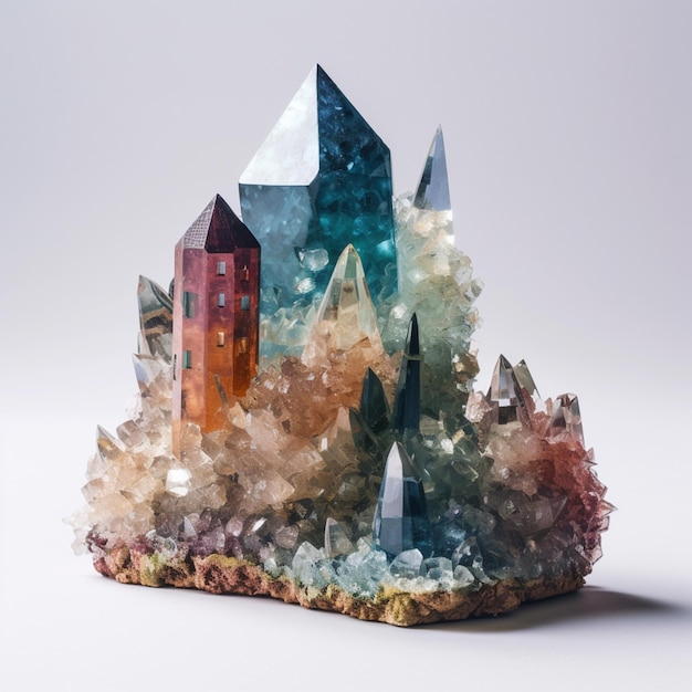 there is a crystal sculpture with a building on top of it generative ai