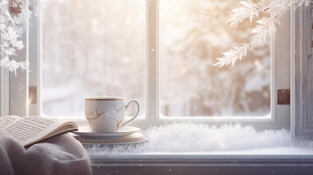 there is a cup of coffee and a book on a window sill generative ai