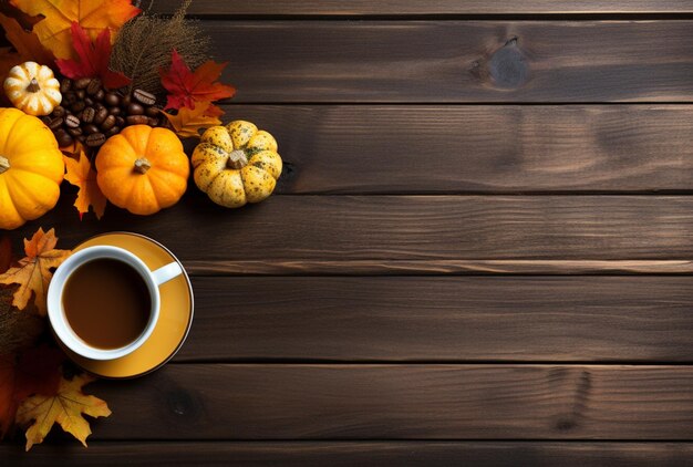 There is a cup of coffee and a bunch of pumpkins on a table generative ai