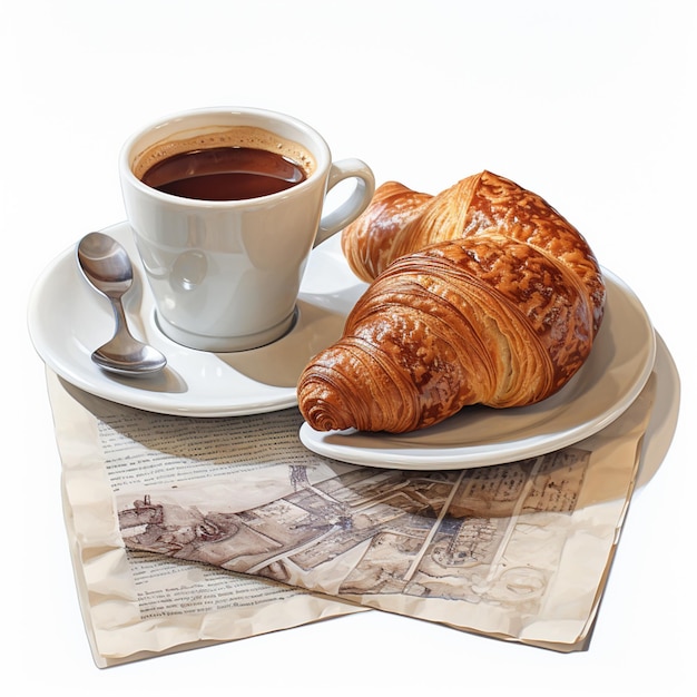 There is a cup of coffee and a croissant on a plate generative ai