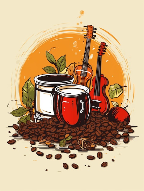 there is a cup of coffee and a guitar on the ground generative ai