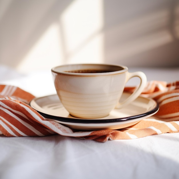 There is a cup of coffee on a plate on a bed generative ai