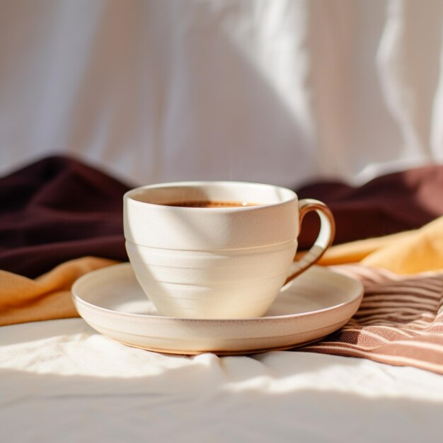 There is a cup of coffee on a saucer on a bed generative ai