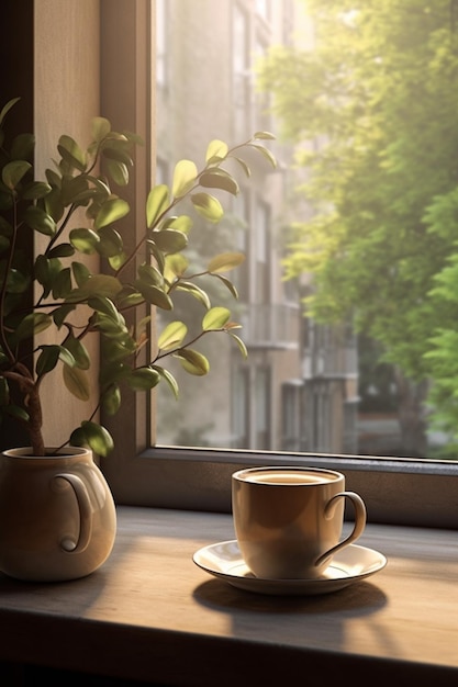 植物生成AIの隣の皿にコーヒーカップがあります