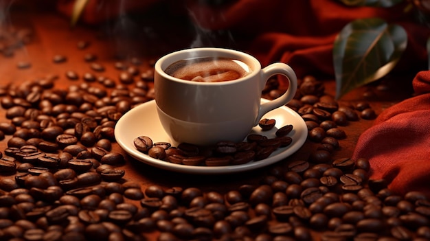 На блюдце стоит чашка кофе в окружении кофейных зерен, генерирующих ай