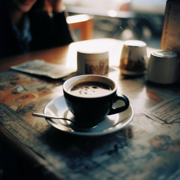 There is a cup of coffee on a saucer on a table generative ai