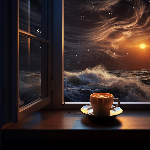 Foto c'è una tazza di caffè su un piattino sul davanzale di una finestra ai generativa