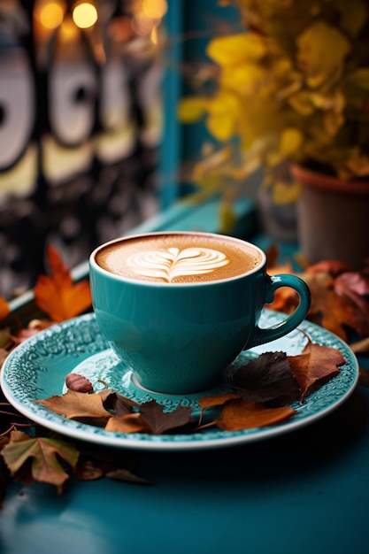 Foto c'è una tazza di caffè su un piatto con foglie generative ai