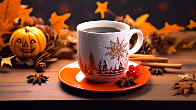 There is a cup of coffee on a saucer with a pumpkin and star anise generative ai