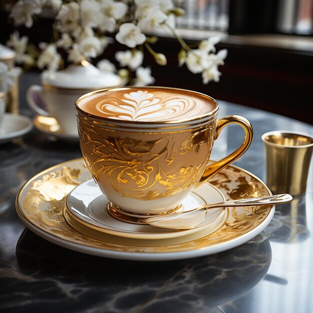 there is a cup of coffee on a saucer with a saucer generative ai