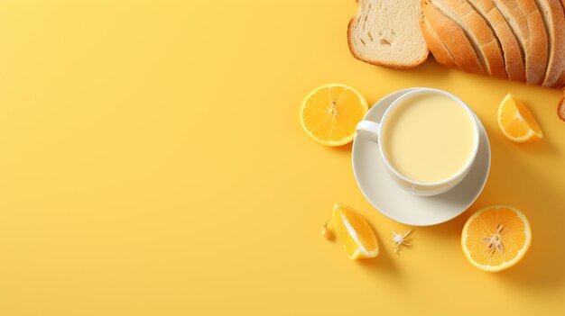 Foto c'è una tazza di caffè e fette di arance su uno sfondo giallo ai generativo