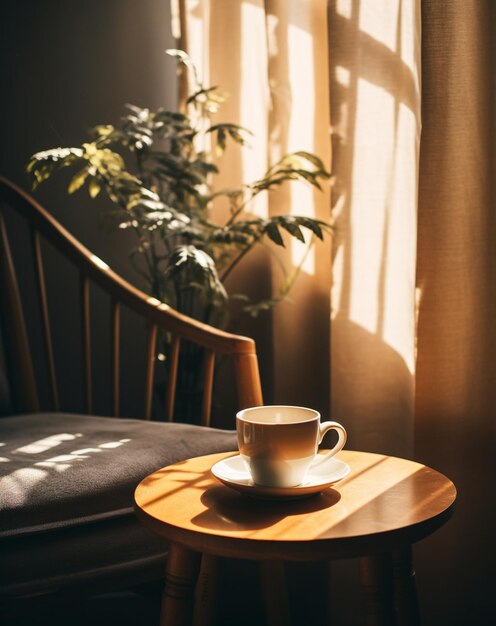 There is a cup of coffee on a small table in front of a window generative ai