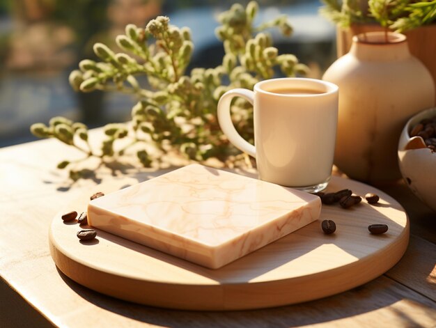 there is a cup of coffee and a soap on a wooden tray generative ai