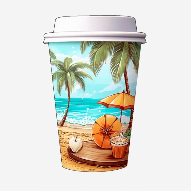 There is a cup of coffee with a beach scene on it generative ai