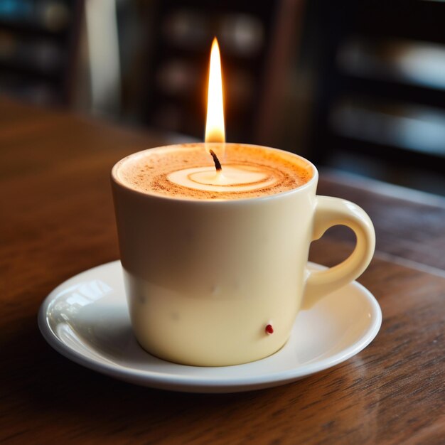 There is a cup of coffee with a candle on it generative ai