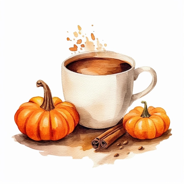 there is a cup of coffee with cinnamon and two pumpkins generative ai