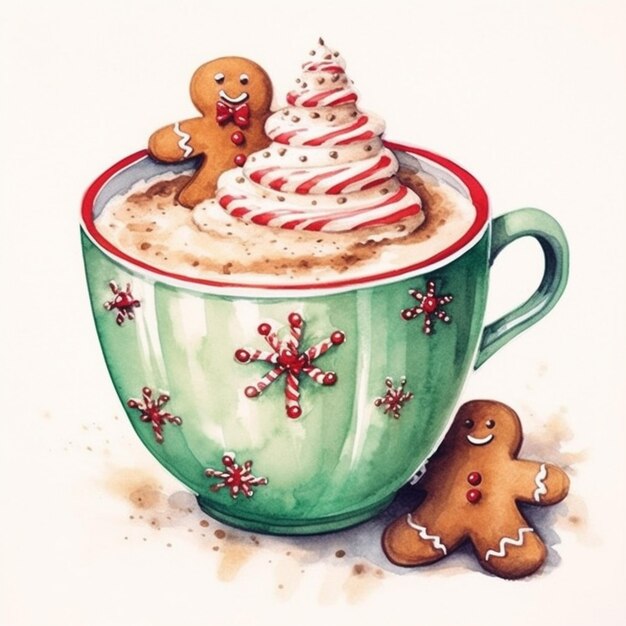 there is a cup of coffee with a gingerbread and whipped cream generative ai
