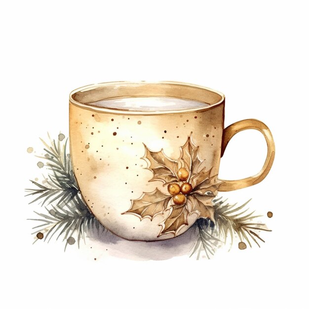 There is a cup of coffee with a holly leaf decoration on it generative ai