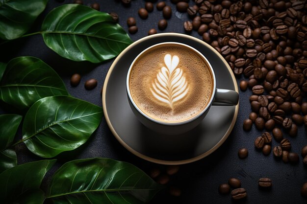 there is a cup of coffee with a leaf on it generative ai