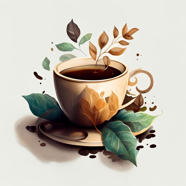 there is a cup of coffee with leaves on the saucer generative ai