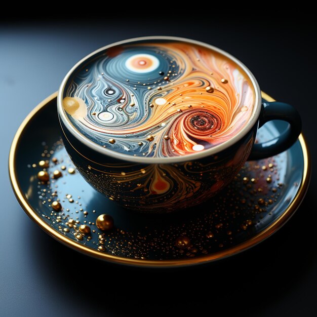 생성 인공 지능에 소용돌이 모양의 디자인이 있는 커피 한 잔이 있습니다.