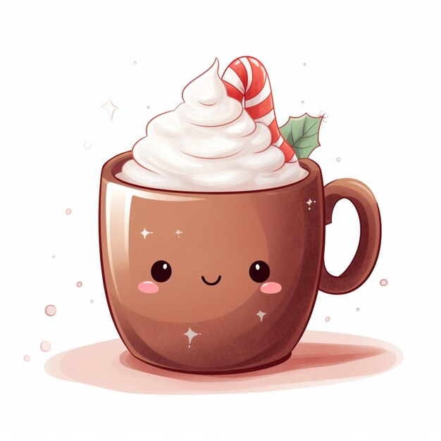 Photo there is a cup of coffee with whipped cream and a candy cane generative ai