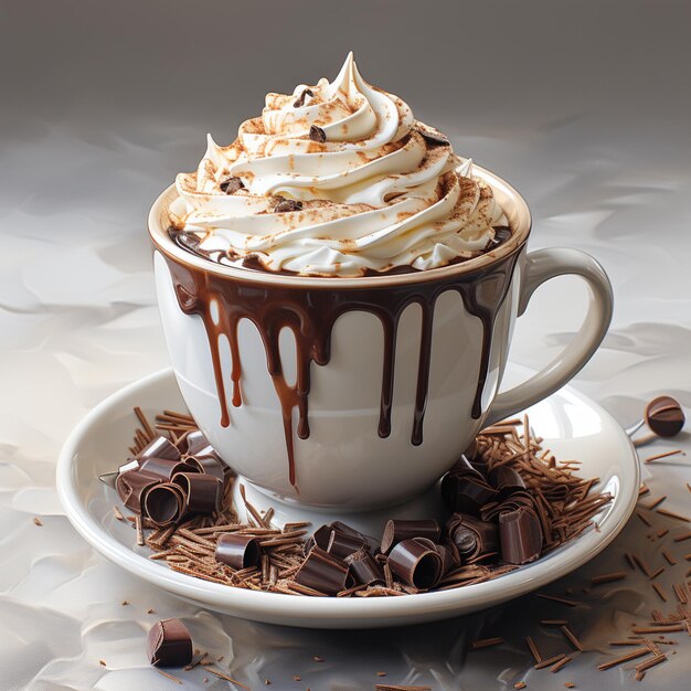 there is a cup of coffee with whipped cream and chocolate generative ai