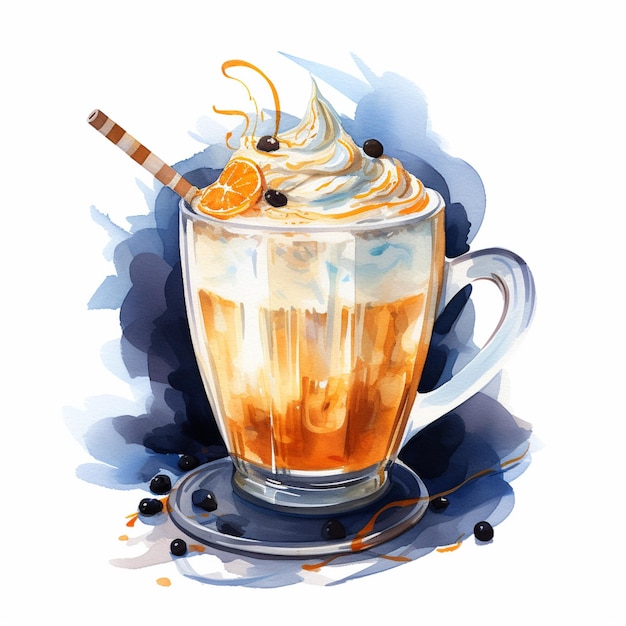 there is a cup of coffee with whipped cream and orange slices generative ai