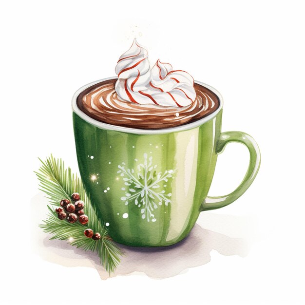 there is a cup of coffee with whipped cream and a pine branch generative ai