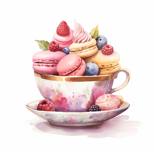 There is a cup of desserts and macaroons on a saucer generative ai