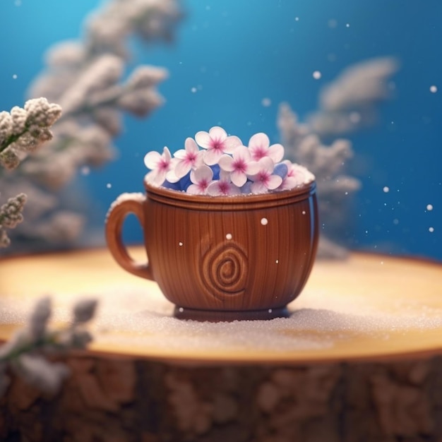 Photo there is a cup of flowers sitting on a table with snow generative ai