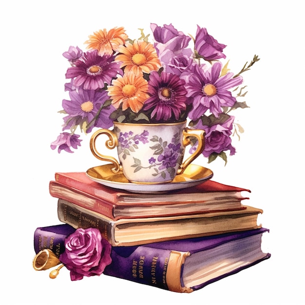 There is a cup of flowers on top of a stack of books generative ai