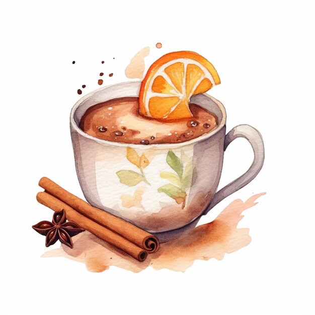 Foto c'è una tazza di cioccolato caldo con fetta d'arancia e cannella generativa ai