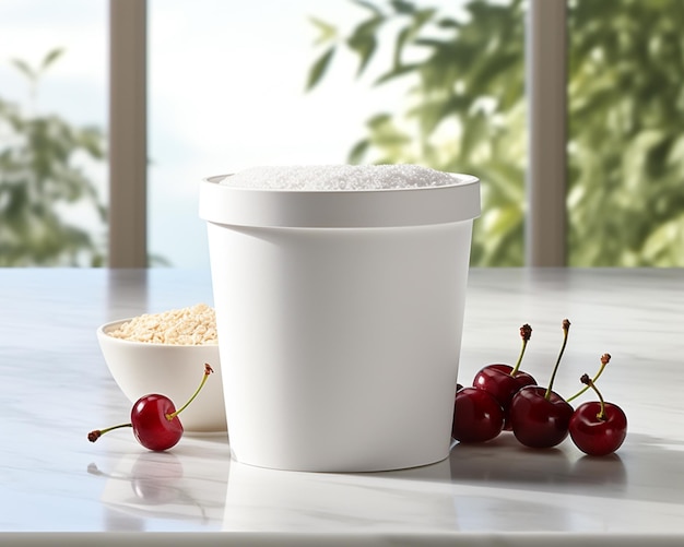 there is a cup of ice cream with cherries on the table generative ai