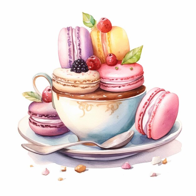 There is a cup of macarons and a spoon on a plate generative ai