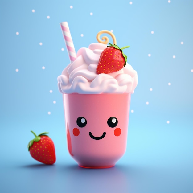 there is a cup of milk with a straw and a strawberry on top generative ai
