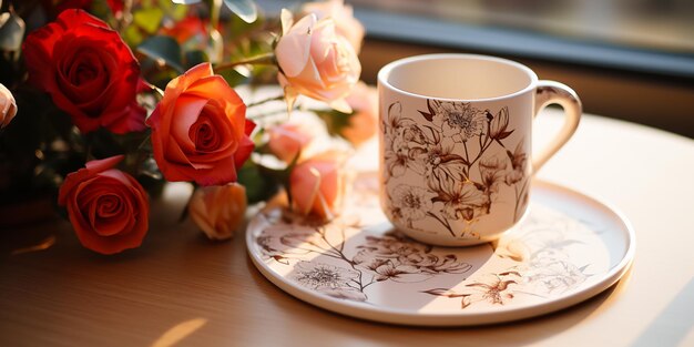 Photo there is a cup and saucer on a plate with flowers generativ ai