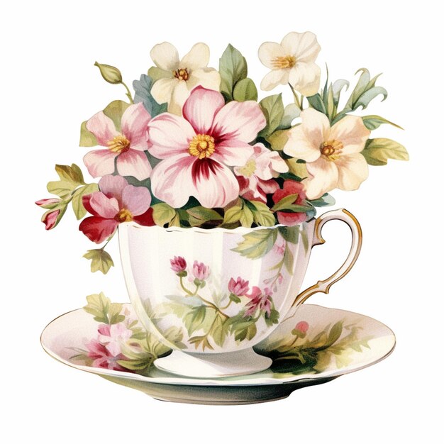 there is a cup and saucer with flowers on it generative ai