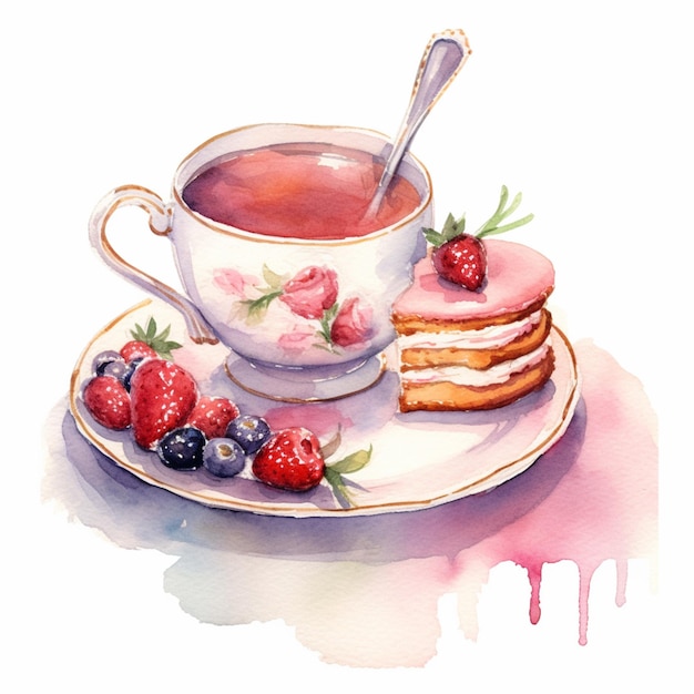 На столе стоит чашка чая и тарелка с едой.
