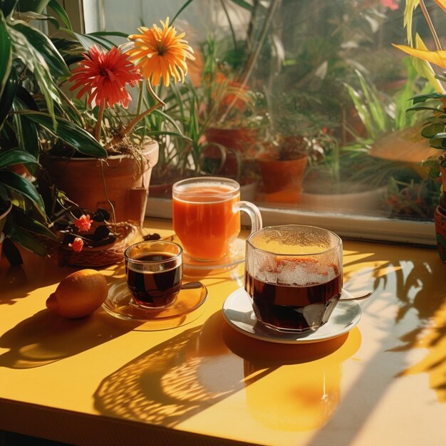 There is a cup of tea and a plate of fruit on a table generative ai