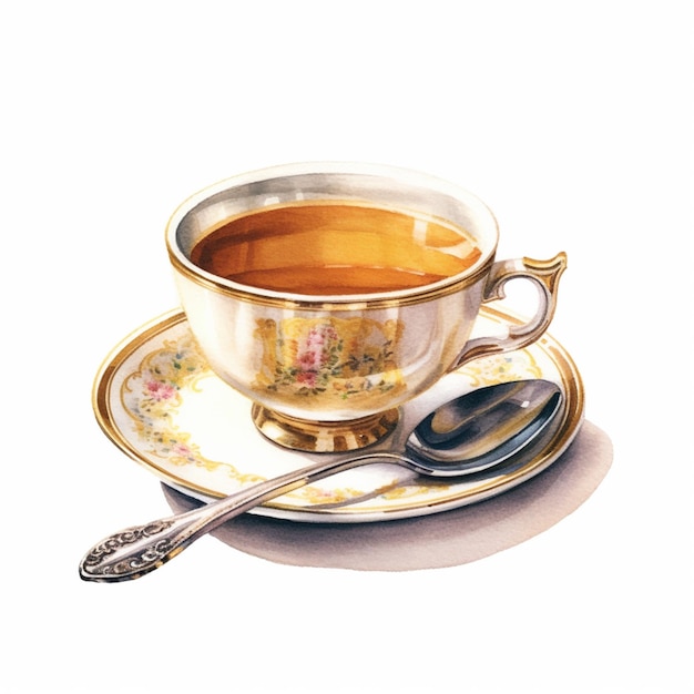 There is a cup of tea and a spoon on a plate generative ai