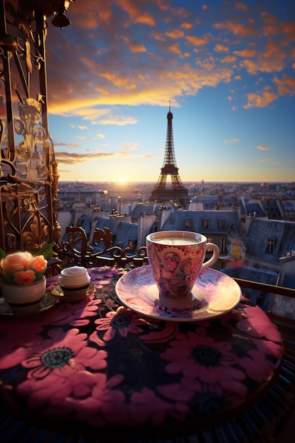 Foto c'è una tazza di tè su un tavolo con vista sulla torre eiffel ai generativa