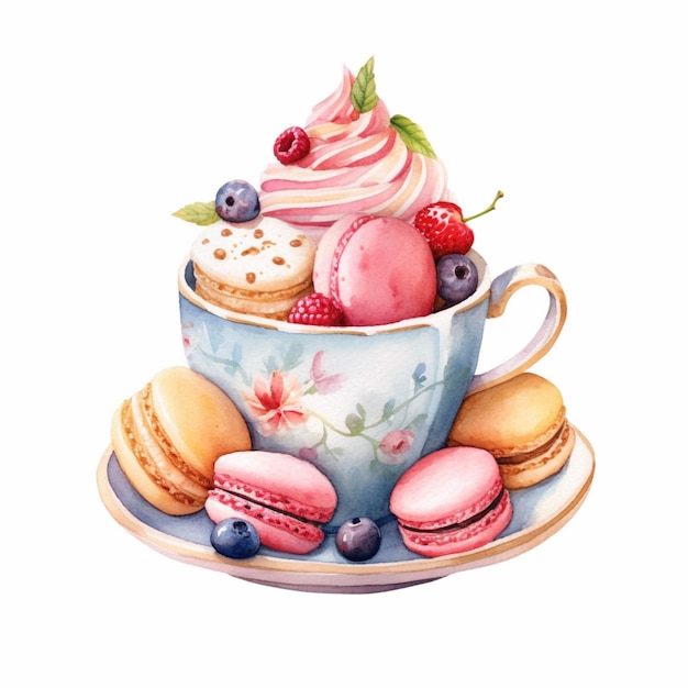 There is a cup of tea with a lot of different desserts generative ai